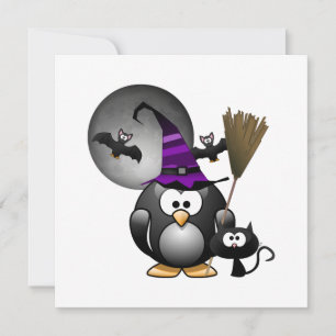 Cute Witchy Penguin with Halloween Scene Invitation