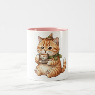 Cute Wizard Cat Drinking Tea Vintage Watercolor Ar Two-Tone Coffee Mug