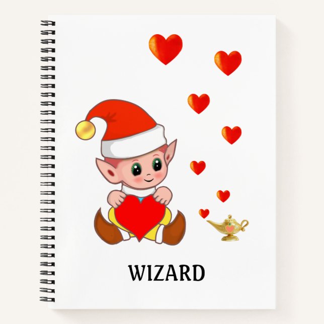 Cute wizard elf with love hearts on white notebook (Front)