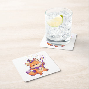 Cute Wizard Fox Casting Magic Spell Halloween Colo Square Paper Coaster