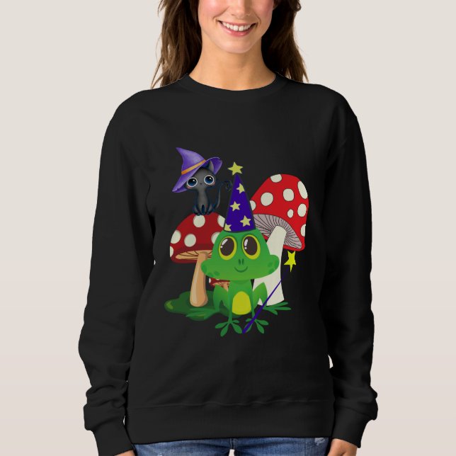 Cute Wizard Frog and Witch Black Cat Mushrooms Hal Sweatshirt (Front)