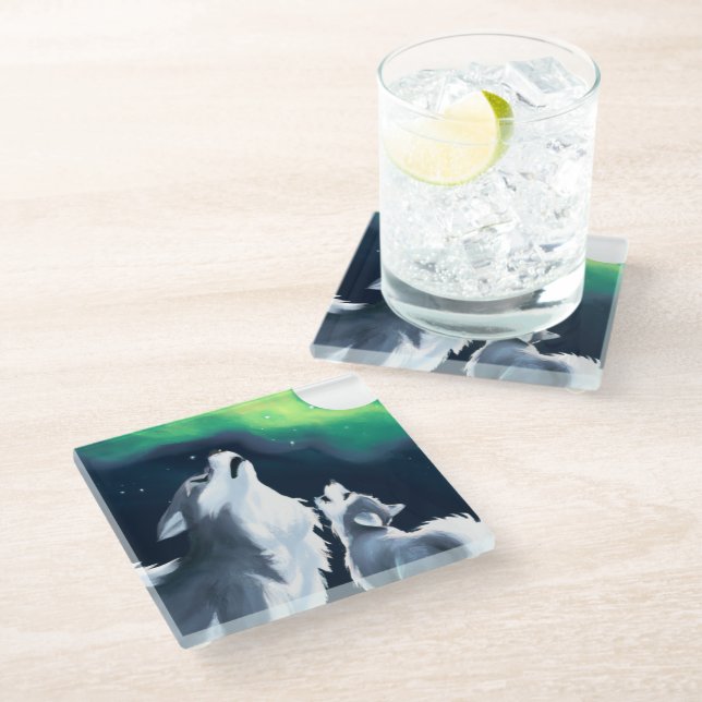Cute Wolf and Pup Howl at Full Moon Glass Coaster (Angled)