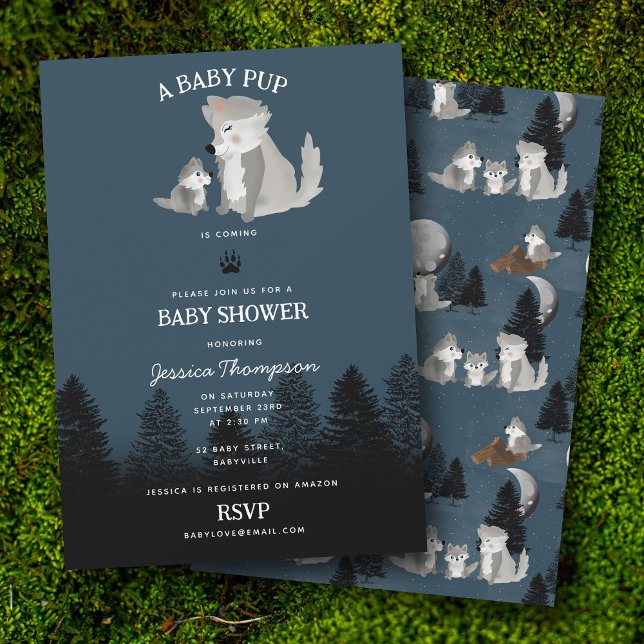 Cute Wolf Baby Pup and Mom Woodland Baby Shower Invitation (Cute Wolf Baby Pup and Mom Woodland Baby Shower Invitation)