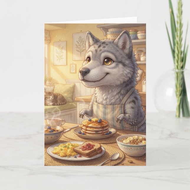 Cute Wolf Breakfast Greeting Card (Front)