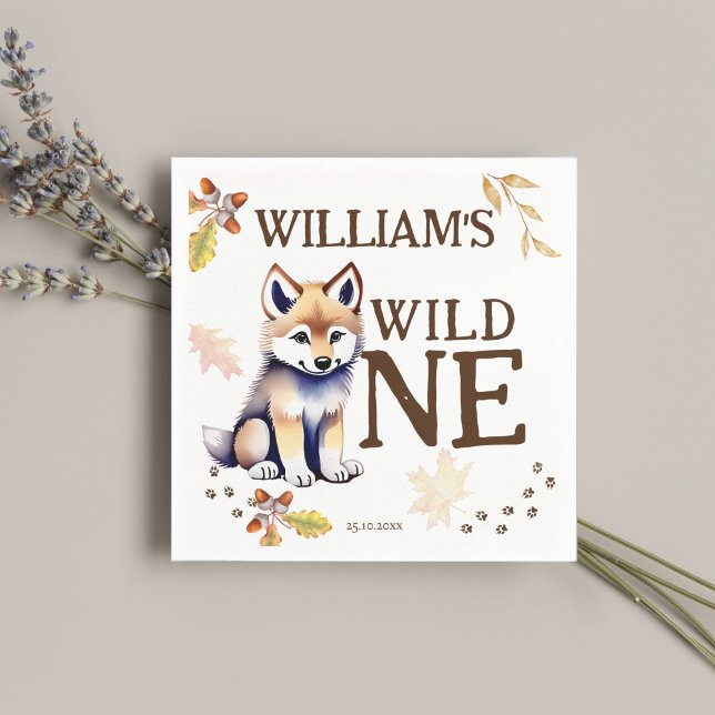 Cute wolf cub wild one woodlands birthday party napkin (Wolf themed birthday party tableware cute fluffy baby wolf cub wild one personalized napkins)