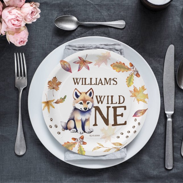 Cute wolf cub wild one woodlands birthday party paper plate (Wild one wolf themed woodlands birthday party tableware personalized paper plates cute fluffy wolf)
