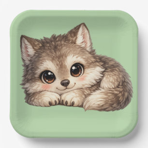 Cute Wolf Cub with Big Eyes Relaxing Woodland Anim Paper Plate