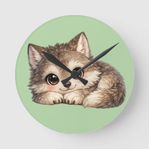 Cute Wolf Cub with Big Eyes Relaxing Woodland Anim Round Clock