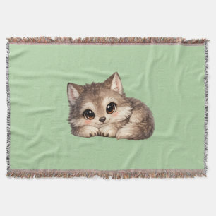 Cute Wolf Cub with Big Eyes Relaxing Woodland Anim Throw Blanket