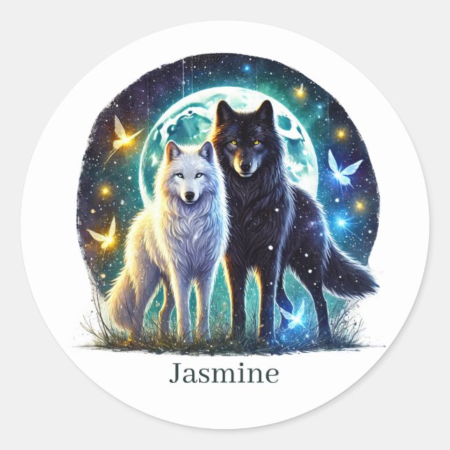 Cute wolf lovers animal customisable  classic round sticker (Front)