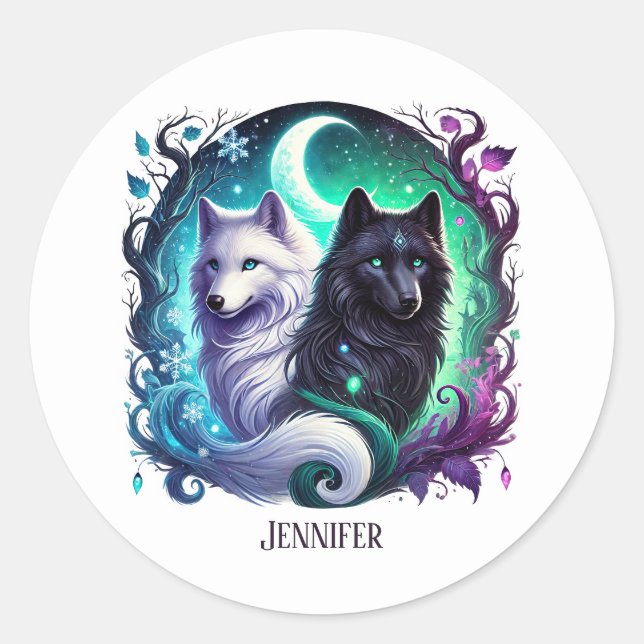 Cute wolf lovers customisable  classic round sticker (Front)