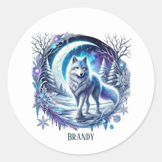 Cute wolf lovers customisable  classic round sticker (Front)