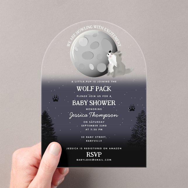 Cute Wolf Pack Woodland Moon Howling Baby Shower Acrylic Invitations (Insitu (Handheld))