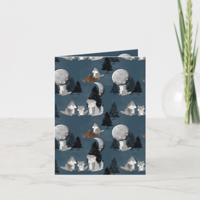 Cute Wolf Pack Woodland Night Sky Moon Card (Front)