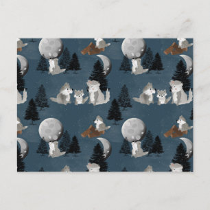 Cute Wolf Pack Woodland Night Sky Moon Postcard