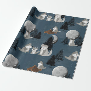 Cute Wolf Pack Woodland Night Sky Moon Wrapping Paper