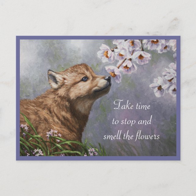 Cute Wolf Puppy Sniffing Flower Blossoms Postcard (Front)