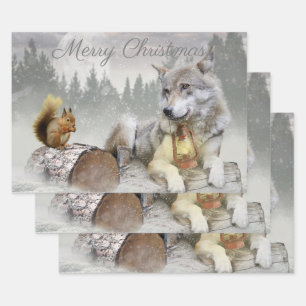 Cute Wolf Squirrel Winter Snow Forest Christmas Wrapping Paper Sheet