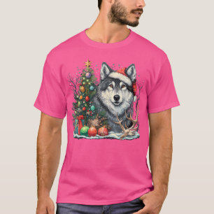 Cute Wolf With Christmas Tree Wearing Santa Hat T-Shirt