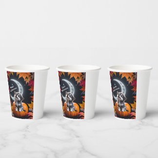 Cute Wolf with Crescent Moon Nighttime Autumn Paper Cups