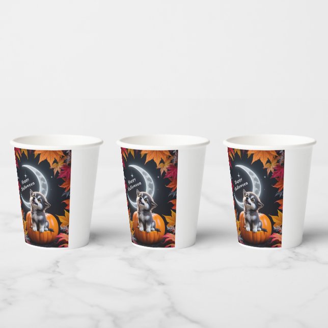 Cute Wolf with Crescent Moon Nighttime Autumn  Paper Cups (Multi)