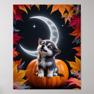 Cute Wolf with Crescent Moon Nighttime Autumn  Poster