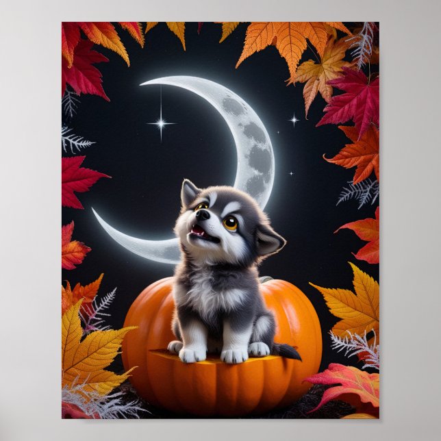 Cute Wolf with Crescent Moon Nighttime Autumn  Poster (Front)
