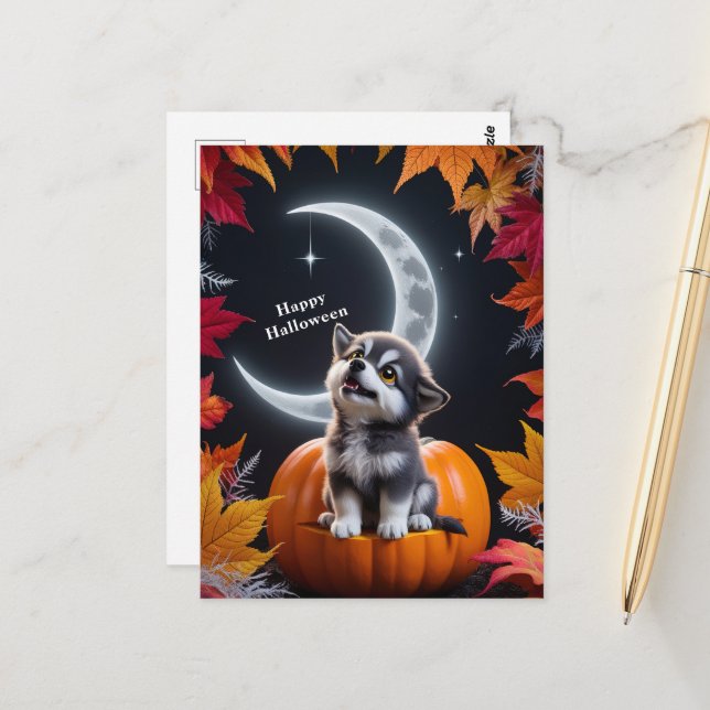 Cute Wolf with Crescent Moon Nighttime Autumn Scen Postcard (Front/Back In Situ)