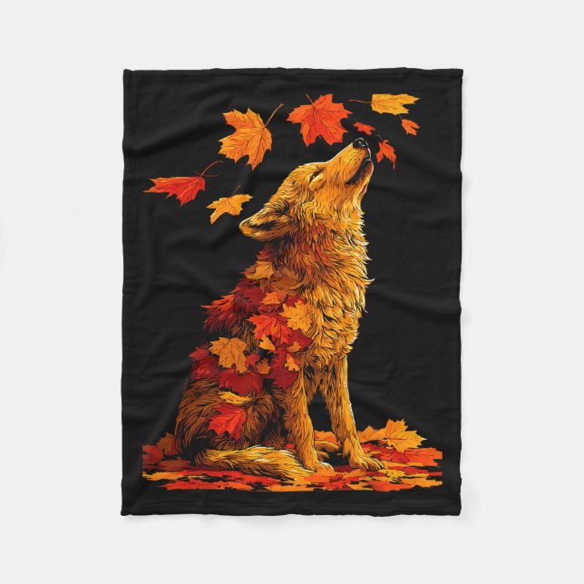 Cute Wolf With Fall Leaves Forest Animal Autumn Ae Fleece Blanket (Front)