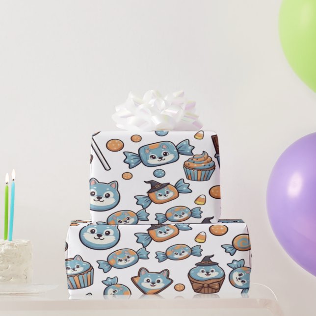 Cute Wolf with Spooky Candy For Halloween Wrapping Paper (Party Gifts)