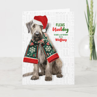 Cute Wolfhound Dog Funny Fleas Navidog with Name Holiday Card