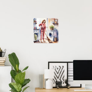 Cute Woman in Pyjamas Doing Laundry Adorable  Poster