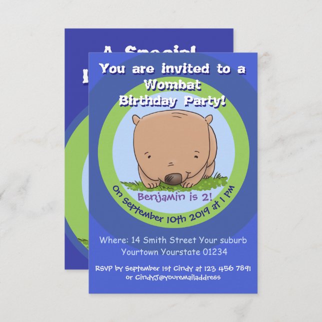 Cute wombat cartoon 2 years birthday invitation (Front/Back)