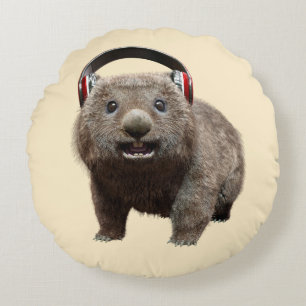 Cute Wombat with Headphones Music Lover Art Round Cushion
