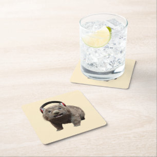 Cute Wombat with Headphones Music Lover Art Square Paper Coaster