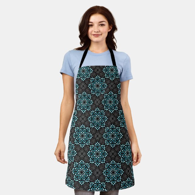  Cute Women's Fancy Black White Teal Dot Art Apron (Worn)
