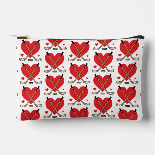 Cute Women's Girls Love Heart Hockey Sticks Accessory Pouch (Front)