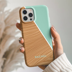 Cute Wood and Light Teal Personalized iPhone 16 Case