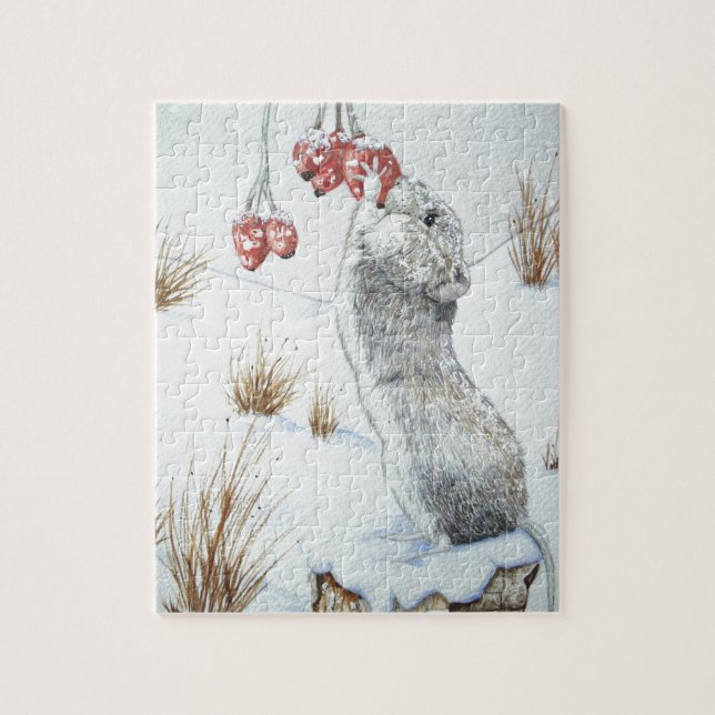 cute wood mouse winter snow scene wildlife  jigsaw puzzle (Vertical)