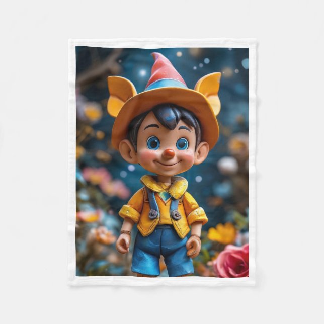 Cute Wooden Puppet Boy with Hat Fleece Blanket (Front)