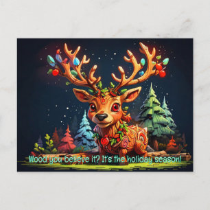 cute wooden reindeer tree background holiday postcard