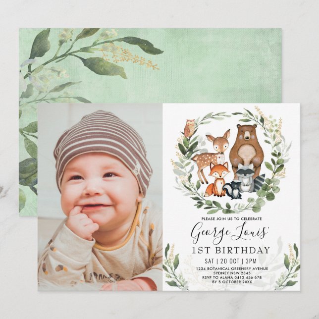 Cute Woodland 1st Birthday Forest Friends Party Invitation (Front/Back)