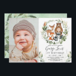 Cute Woodland 1st Birthday Forest Friends Party Invitation<br><div class="desc">Adorable woodland-themed invitation featuring cute baby forest animals and soft botanical greenery leaves in green and gold.</div>