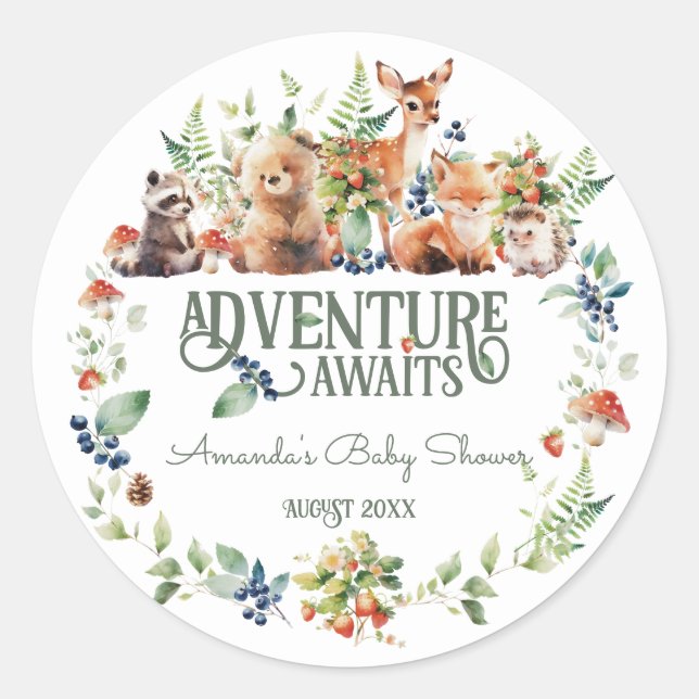 Cute Woodland Animal Adventure Neutral Baby Shower Classic Round Sticker (Front)