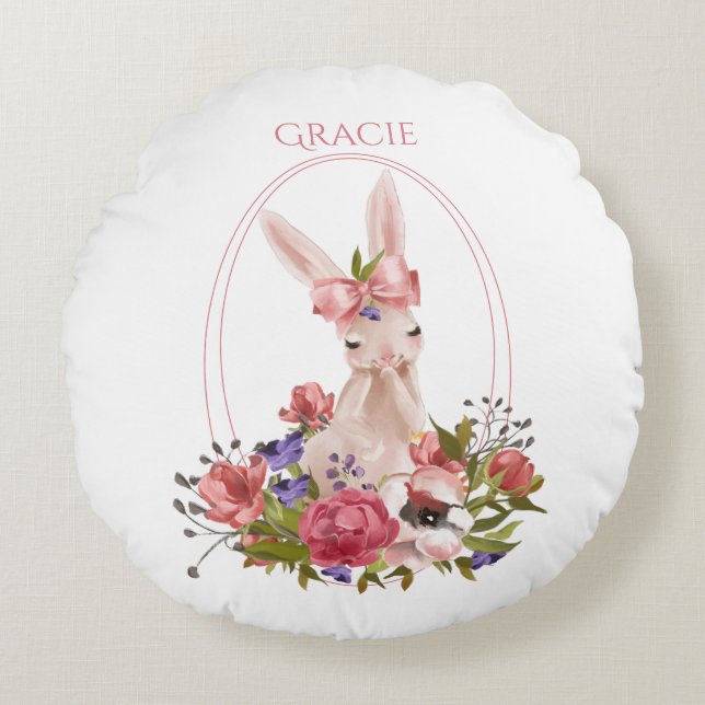 Cute Woodland Animal Bunny Floral Name Round Cushion (Front)