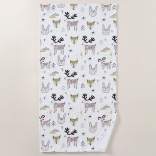 Cute Woodland Animal Doodle Pattern Beach Towel
