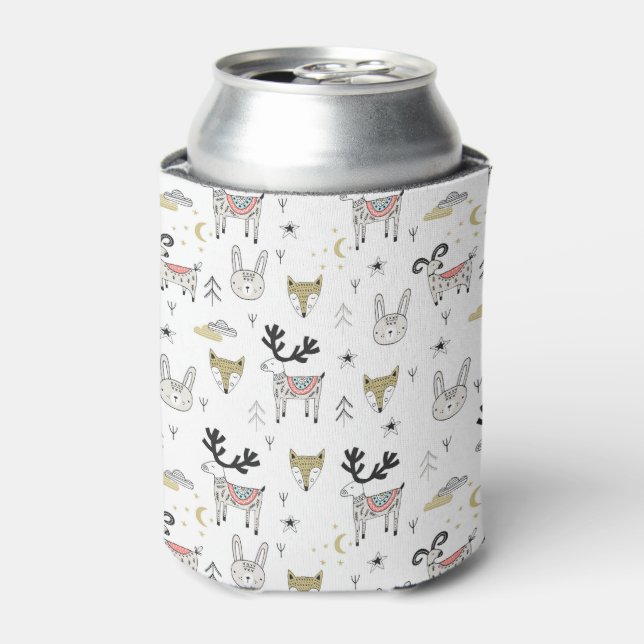 Cute Woodland Animal Doodle Pattern Can Cooler (Can Front)