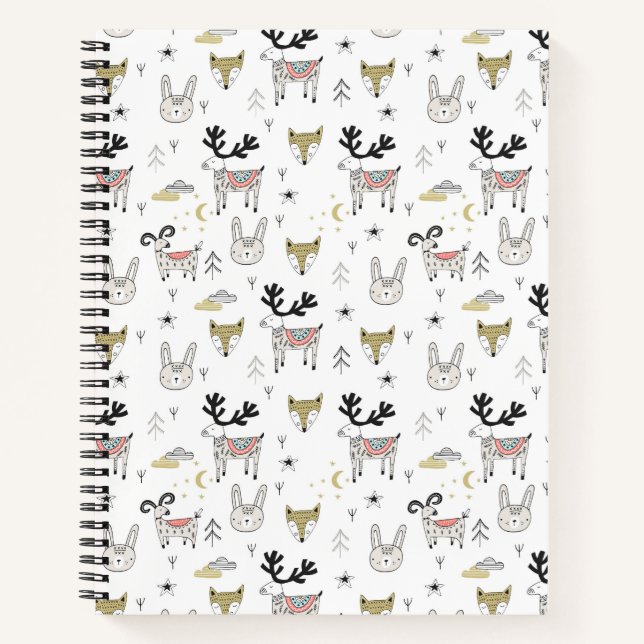 Cute Woodland Animal Doodle Pattern Notebook (Front)