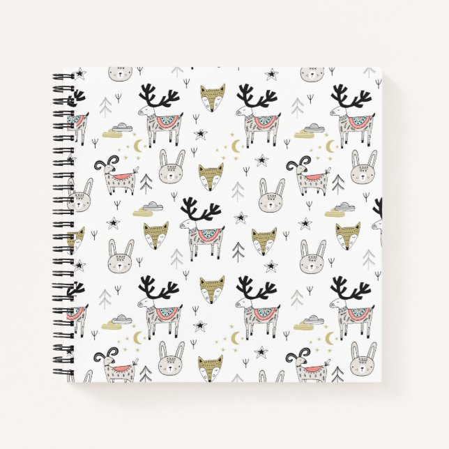 Cute Woodland Animal Doodle Pattern Notebook (Front)