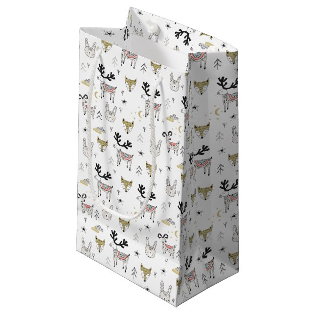 Cute Woodland Animal Doodle Pattern Small Gift Bag (Front Angled)